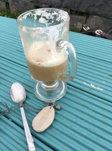 Jessie stone, with Irish cofeee, on Inish Oirr, the smallest Aran Island